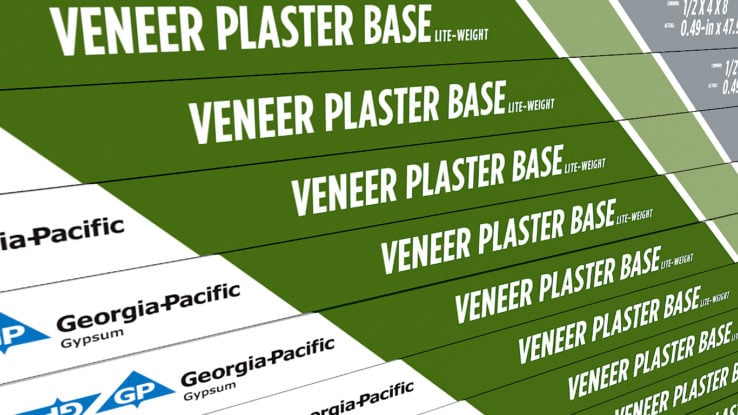 ToughRock Lite-Weight Veneer Plaster Base product rendering - close up image of the  tape which is vertical lines in the color light green, green, white, green, light green and gray