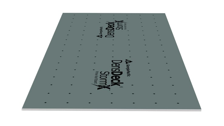 DensDeck StormX Prime Roof Board - product rendering roof board at an vertical angle laying flat logo side up