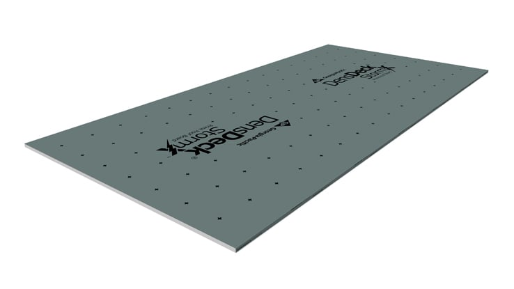 DensDeck StormX Prime Roof Board - product rendering roof board at an angle laying flat logo side up