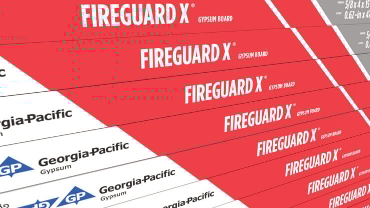 ToughRock® Fireguard X® Gypsum Board - close up image of side tape which are vertical lines in the following colors, gray, red, and white