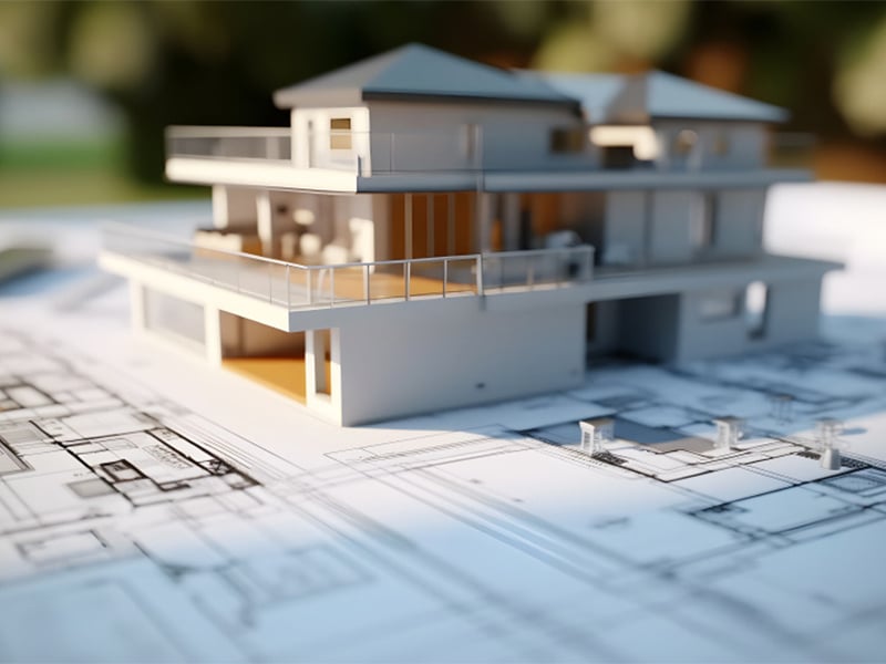 Model Home and blueprint rendering