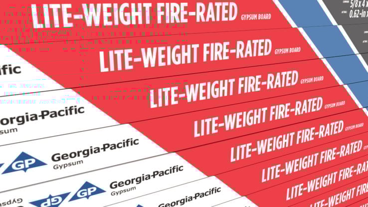 ToughRock® Lite-Weight Fire-Rated Gypsum Board product rendering - close up review of the side tape which are vertical lines in the following colors, blue, red, white, gray and white